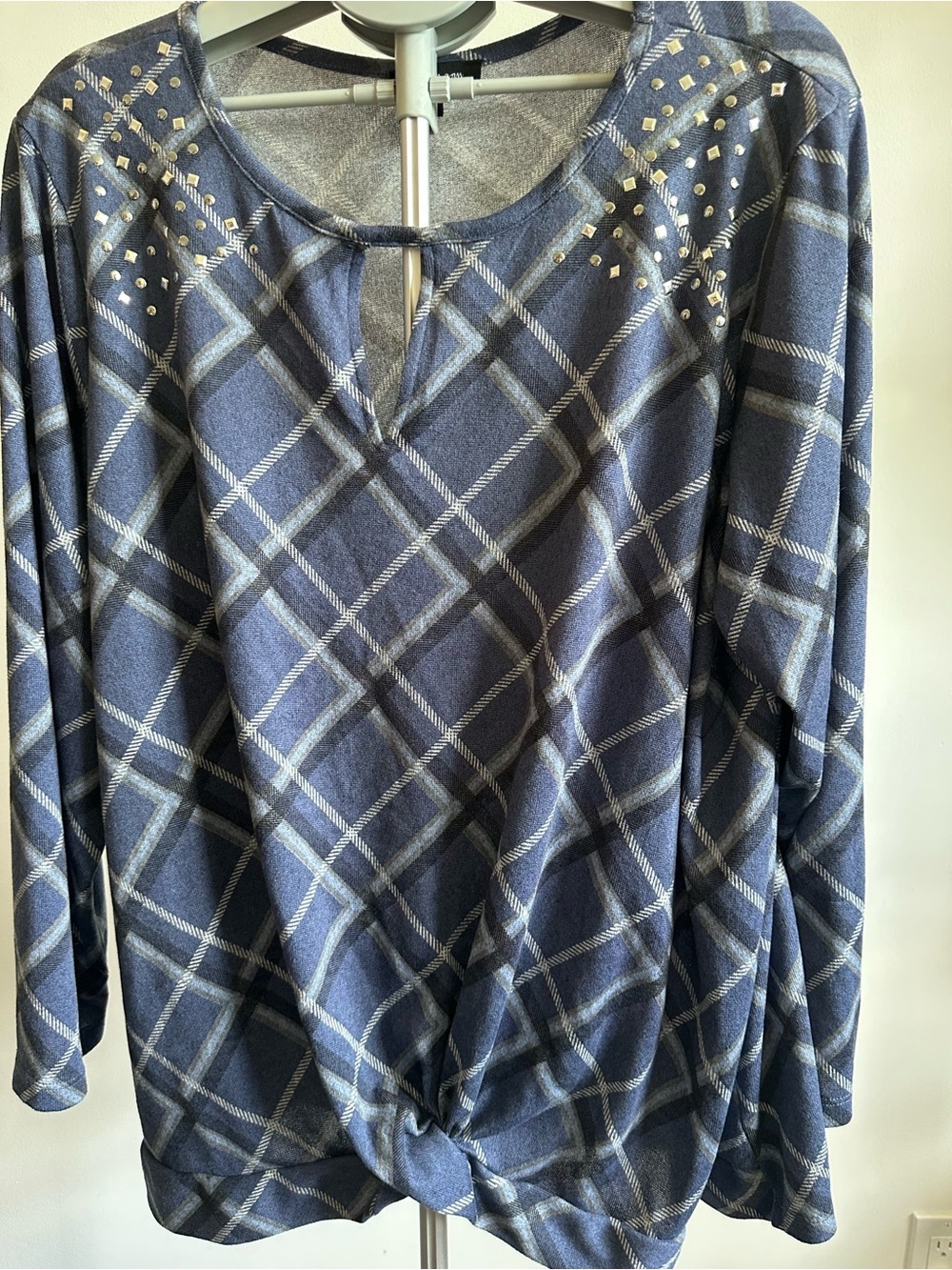 Plaid Long-Sleeve Blouse with Stud Detail - Navy